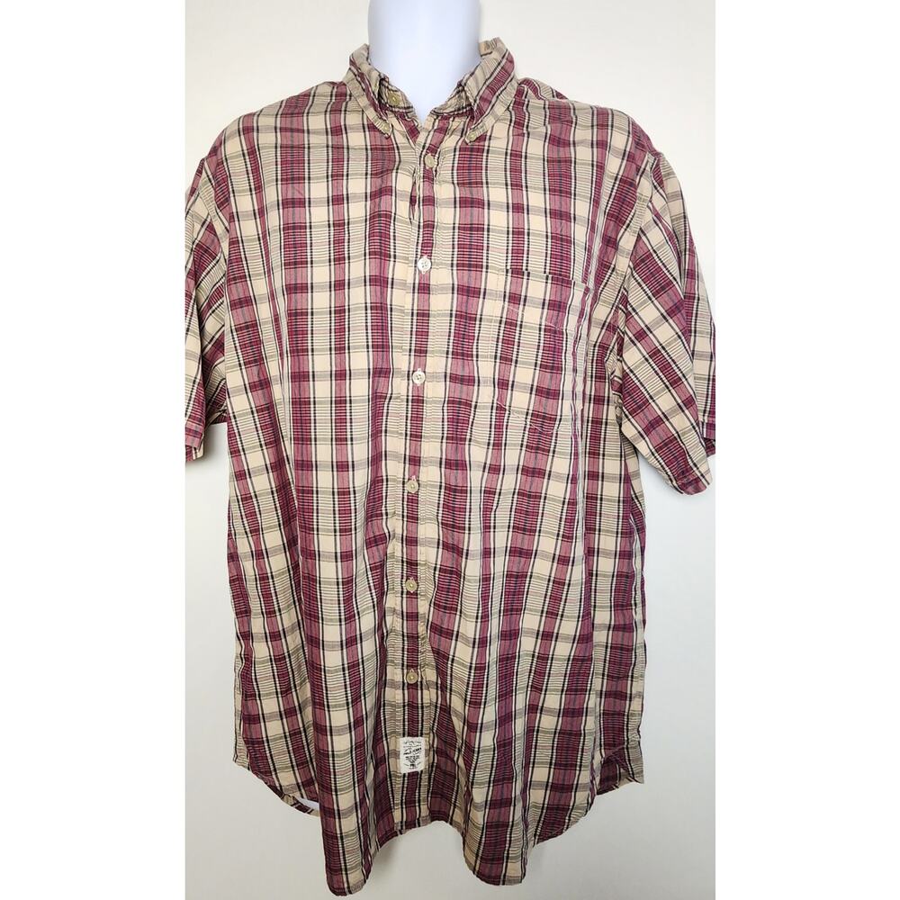Ralph Lauren Jeans Co Plaid‎ Button Down Shirt XL Red Beige Short Sleeve
